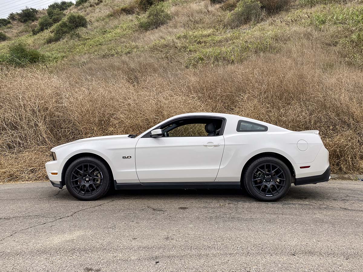 2012 white Ford mustang GT side view with 18" Sparco Pro Corsa wheels